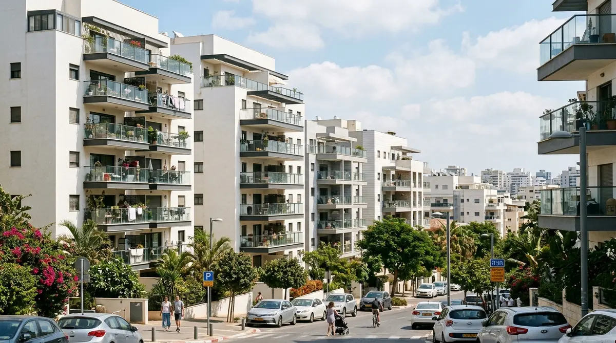 רחוב בשכונת מגורים חדשה עם בנייני בוטיק ומרפסות זכוכית