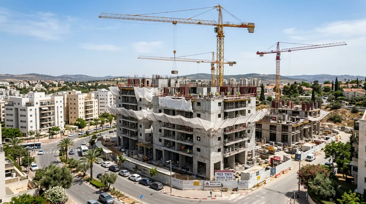 בניין מגורים חדש בשלבי בנייה עם פיגומים ועגורנים