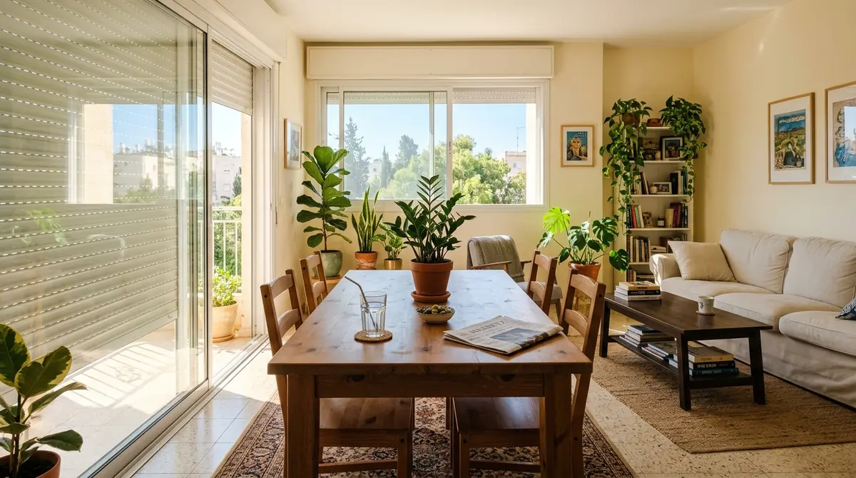 סלון ביתי מואר ושקט עם שולחן עץ ועציצים באור שמש טבעי