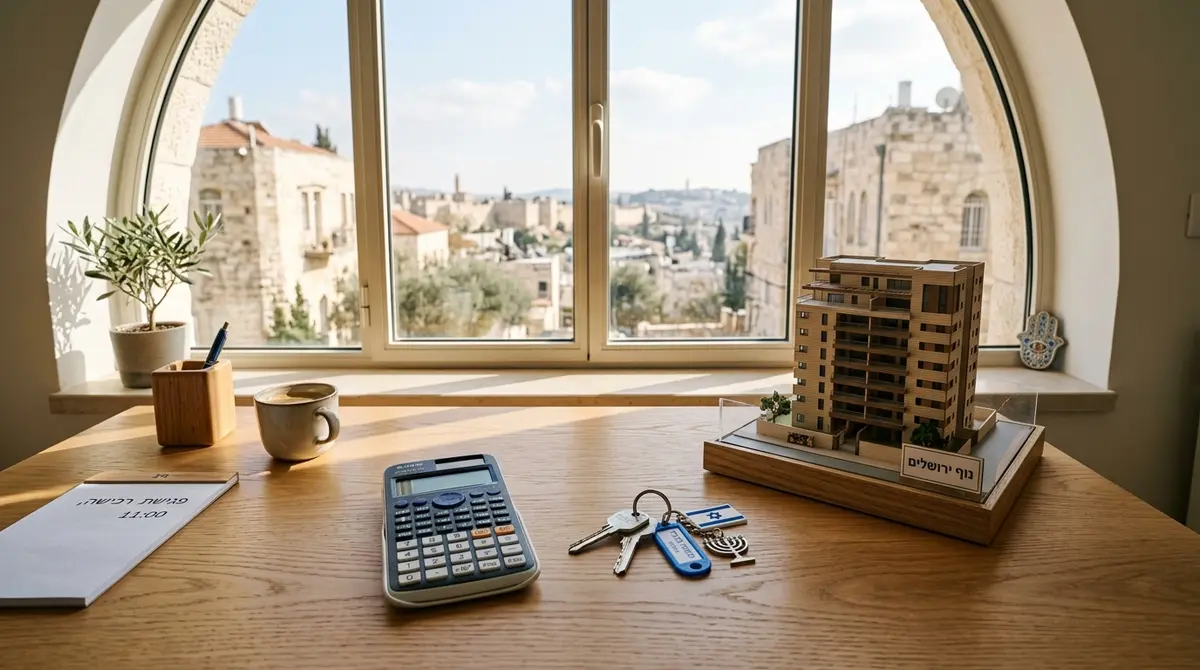 מחשבון, מפתחות לדירה ודגם קטן של בית מונחים על שולחן עבודה מואר
