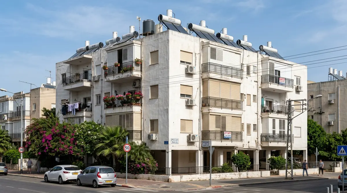 פינת בניין מגורים ותיק ברחוב עירוני, עם תריסים, מרפסות פרחים ודודי שמש