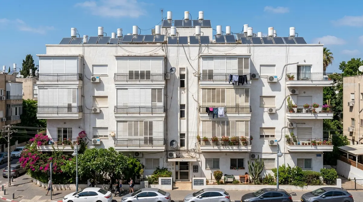 בניין מגורים בן ארבע קומות ברחוב עירוני בישראל, עם מכוניות חונות לפניו
